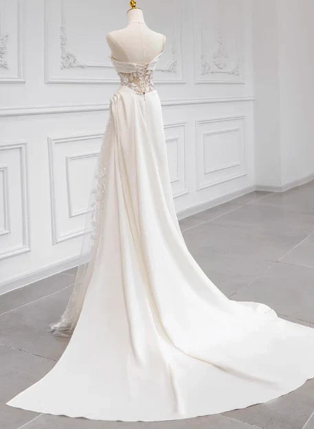shopuniqlos-White satin floral lace off-the-shoulder long floor-length wedding dress prom dress gh5393