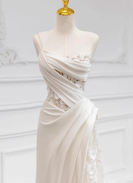 shopuniqlos-White satin floral lace off-the-shoulder long floor-length wedding dress prom dress gh5393