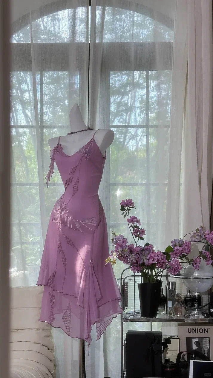 Gorgeous Rose Pink Applique Spaghetti Strap Chiffon Prom Dress Evening Dress TP4303