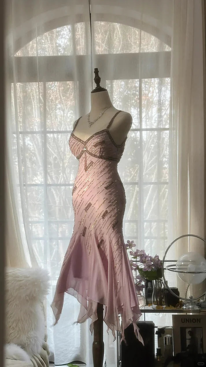 Hermoso vestido de fiesta de sirena de gasa con escote en forma de corazón, tirantes finos y cuentas brillantes, color rosa, TP4304