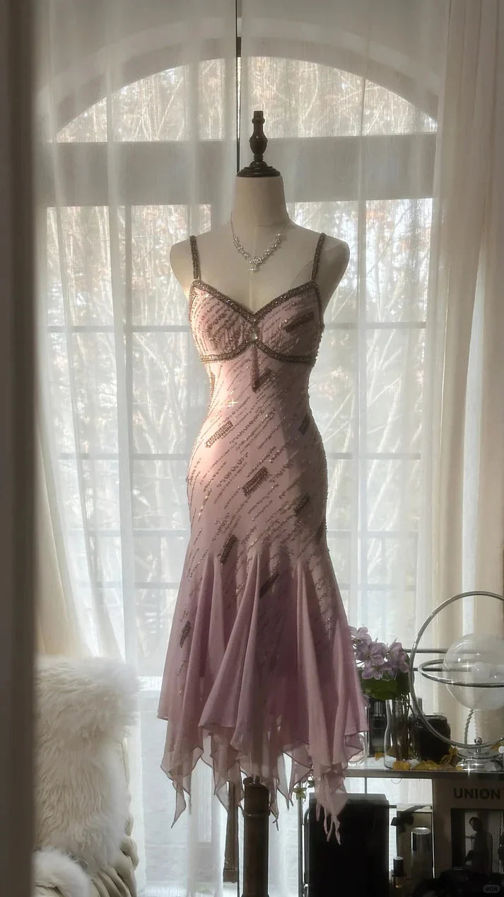 Hermoso vestido de fiesta de sirena de gasa con escote en forma de corazón, tirantes finos y cuentas brillantes, color rosa, TP4304