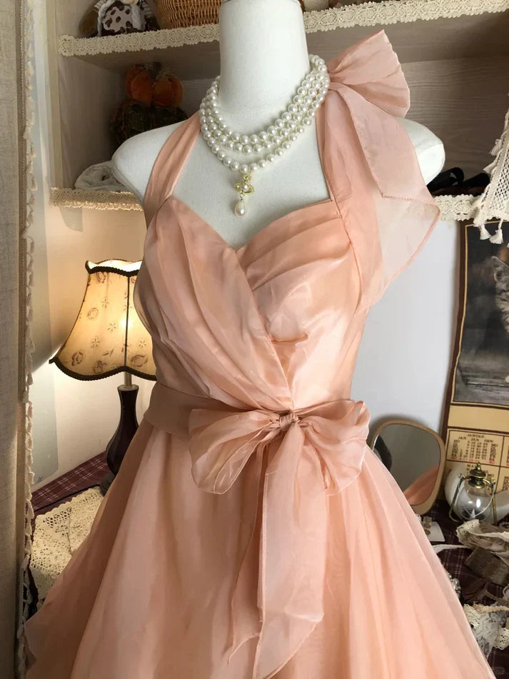 Vestido vintage de gasa con escote halter y escote en forma de A, color champán, para fiesta de bienvenida, TP4083