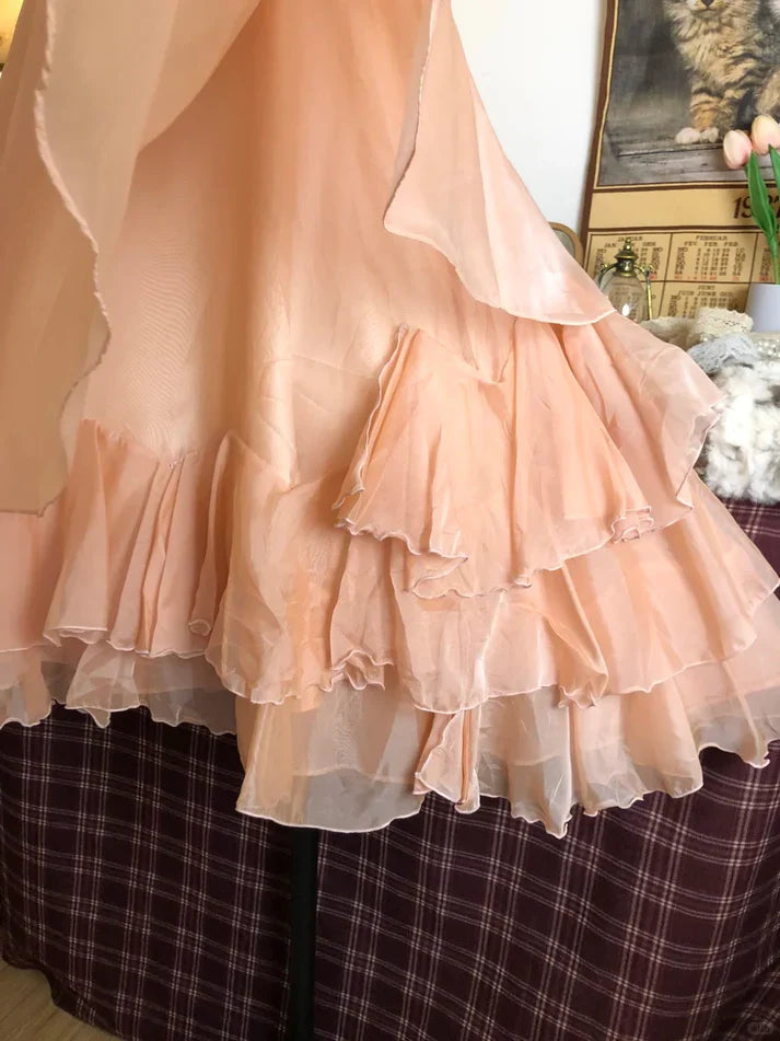 Vestido vintage de gasa con escote halter y escote en forma de A, color champán, para fiesta de bienvenida, TP4083