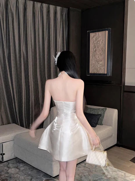 Retro Beige Sequin 3D Floral Strapless Design A-line Party Dress Homecoming Dress TP4079