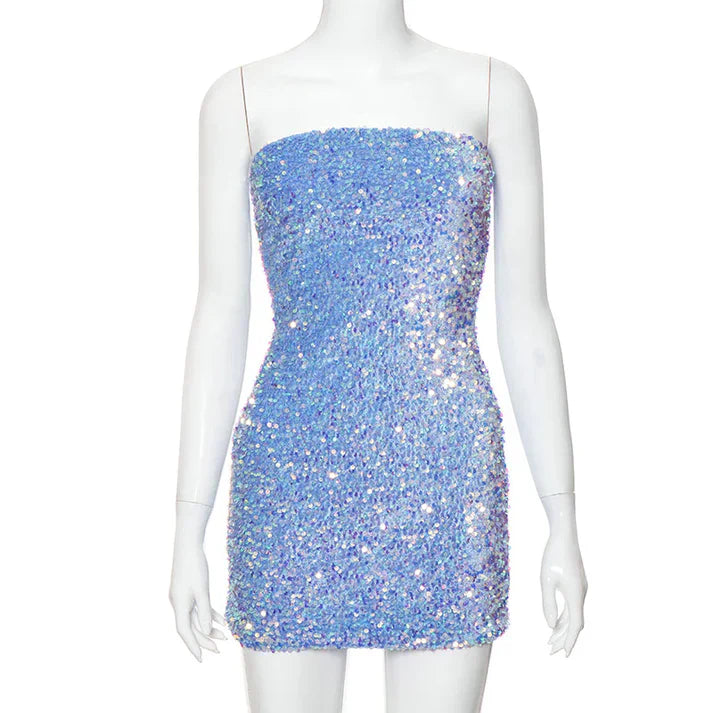 Retro Sparkling Blue Strapless Sequin Design Bodycon Party Dress Homecoming Dress TP4081