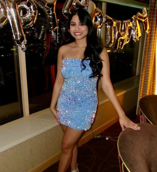 Retro Sparkling Blue Strapless Sequin Design Bodycon Party Dress Homecoming Dress TP4081