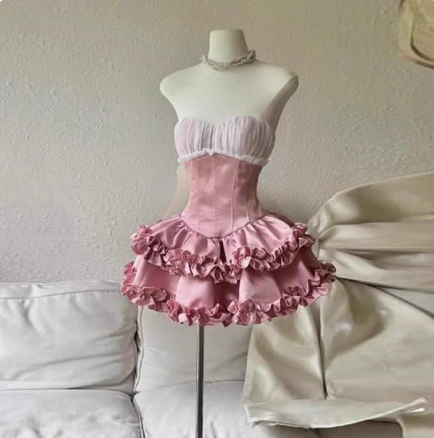 Vestido de fiesta corto vintage rosa con escote en forma de A y volantes, corte en A, con capas y escote en forma de corazón, vestido de cóctel, vestido de bienvenida TP4480