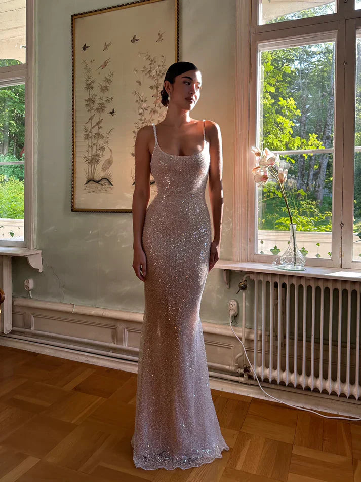 Elegante vestido de fiesta de sirena con lentejuelas brillantes en color rosa y tirantes finos, vestido de noche TP4509