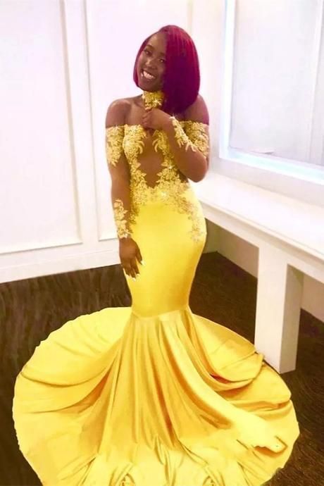 Yellow Prom Dresses Mermaid Appliques Floor-Length Off The Shoulder Long Formal Dresses P6706