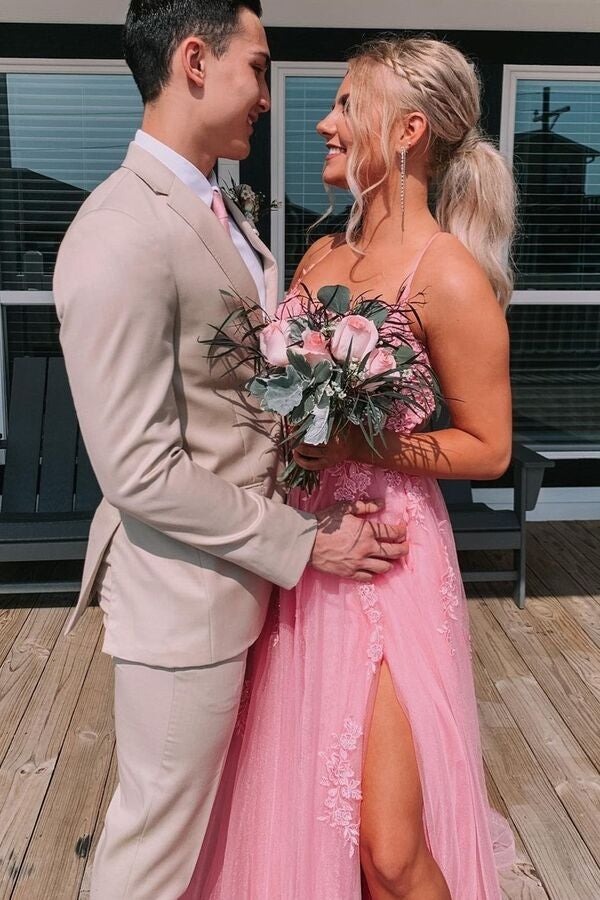 Backless Pink A-line Long Prom Dress, Tulle Applique Formal Gown With Split GP211