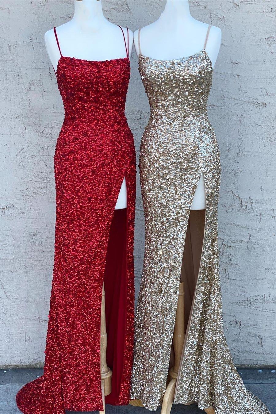 Spaghetti Straps Sequins Mermaid Long Prom Dresses, Slit Evening Gown GP285