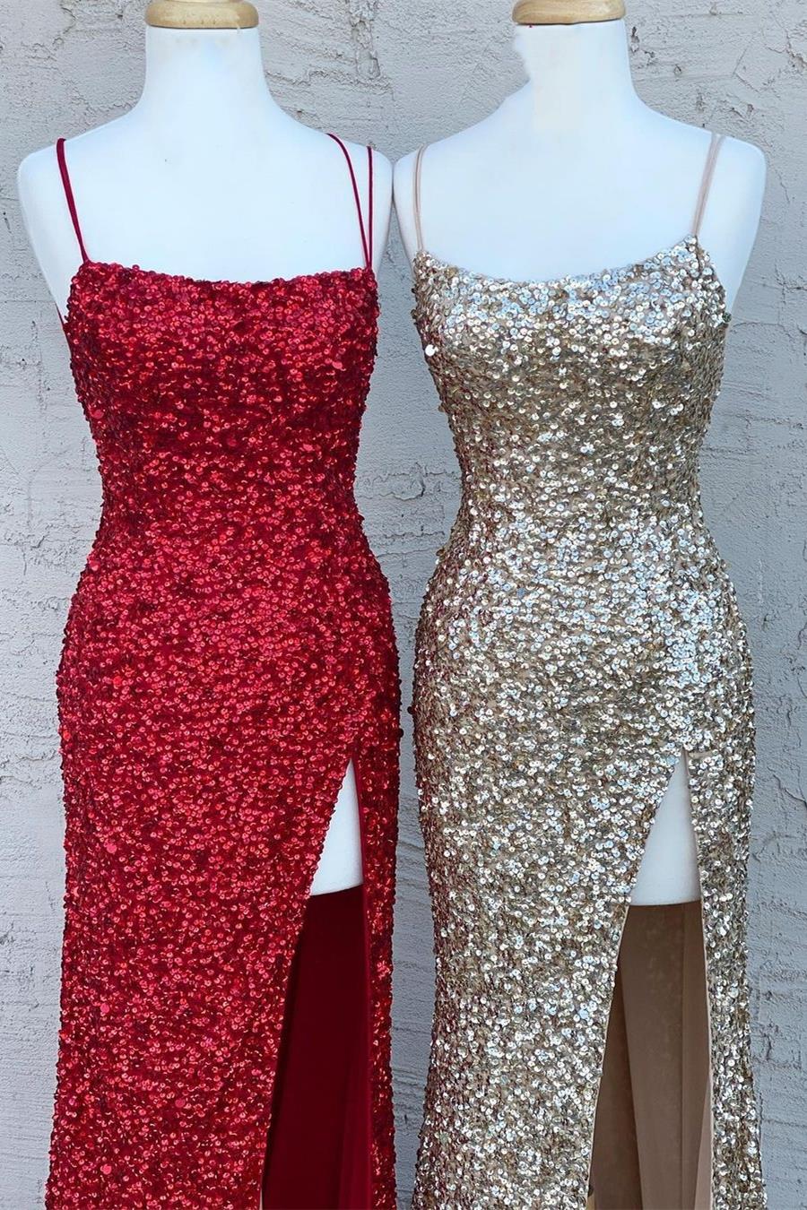 Spaghetti Straps Sequins Mermaid Long Prom Dresses, Slit Evening Gown GP285