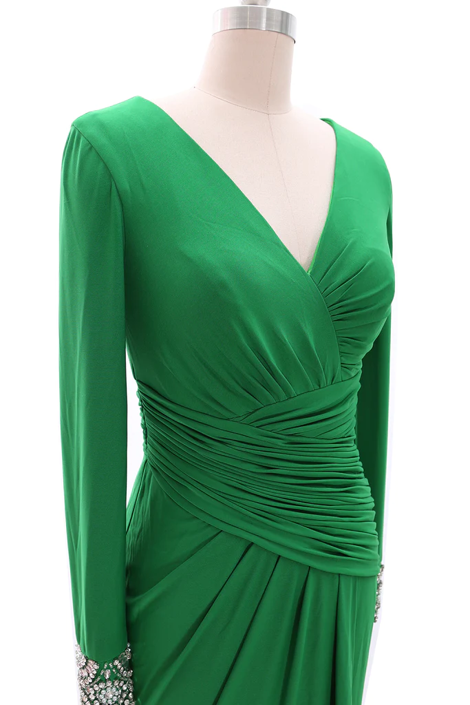Vestidos largos de madre de la novia para mujer, vestido de noche verde gris con manga larga y cuello en V
