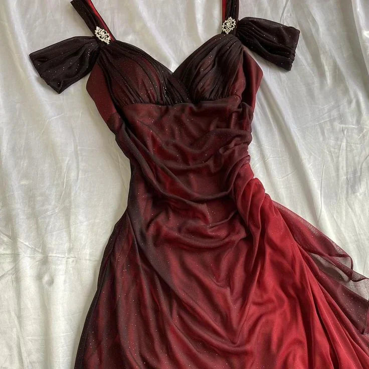 Vestidos de fiesta con volantes brillantes burdeos Vestido de fiesta Mujer Elegante Lujo Largo