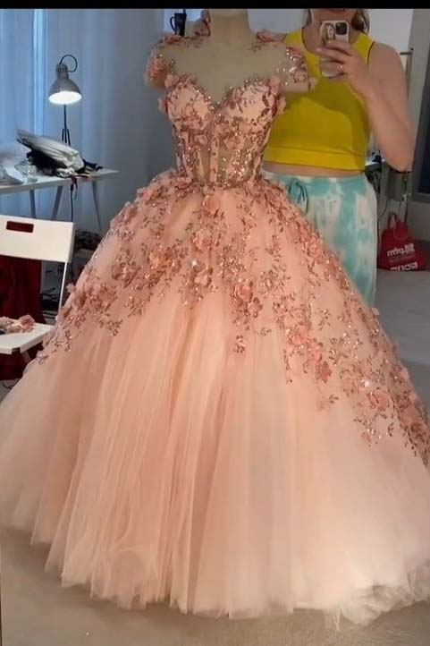 Pink 3D Flower See-through Tulle Puffy Ball Gowns Quinceanera Dresses GP350