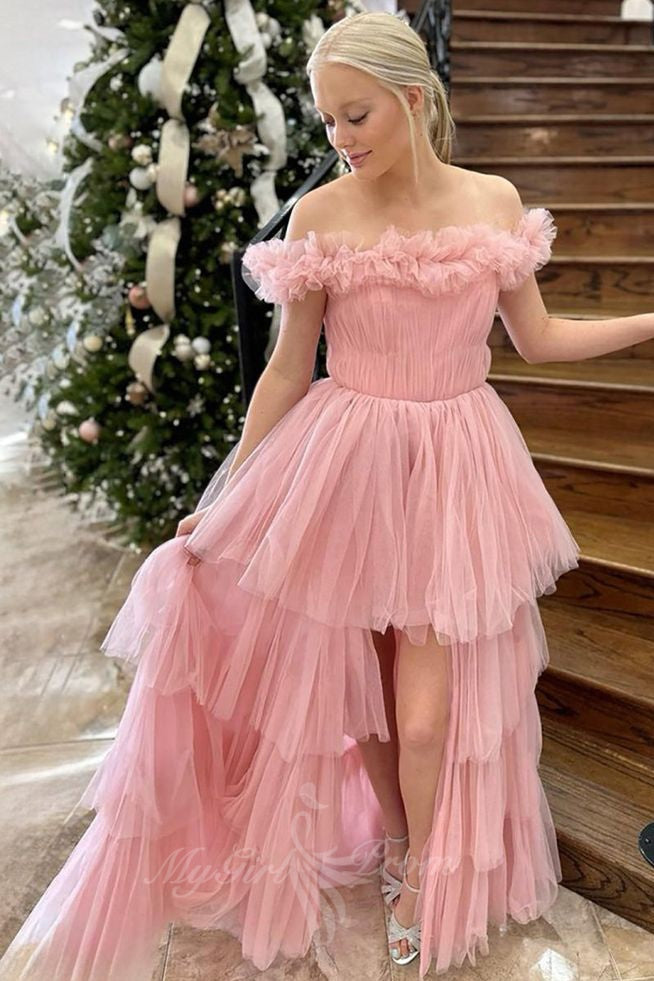 Pink Off The Shoulder Tulle A Line Ruffled Tiered Prom Dress With Split GP811