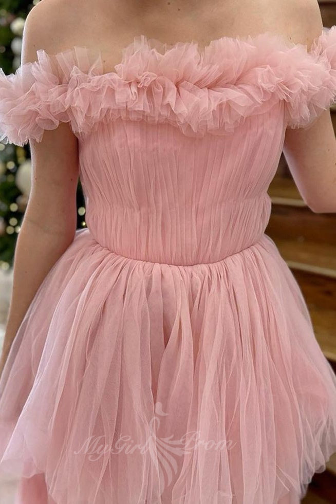 Pink Off The Shoulder Tulle A Line Ruffled Tiered Prom Dress With Split GP811