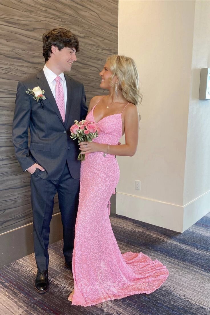 Hot Pink Sequin Long Prom Dresses Sparkly Mermaid Slit Evening Gowns GP597