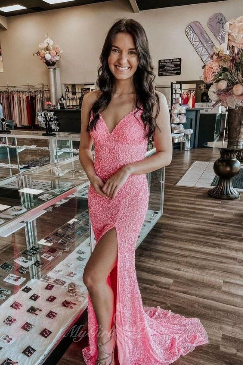 Hot Pink Sequin Long Prom Dresses Sparkly Mermaid Slit Evening Gowns GP597