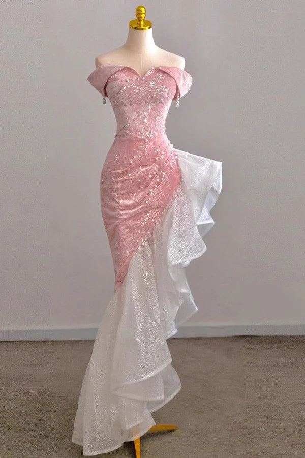 Shiny Off Shoulder Pink Mermaid Prom Dress With Ruffle, Sequin Formal Dress GP690