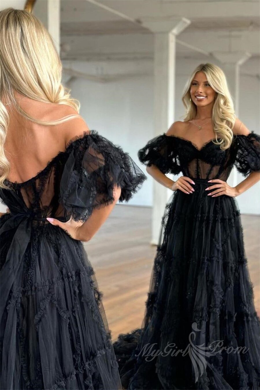 Princess Pink Sheer Tulle Long Prom Dress with Ruffles, Off-Shoulder Puff Sleeves Formal Gown GP487