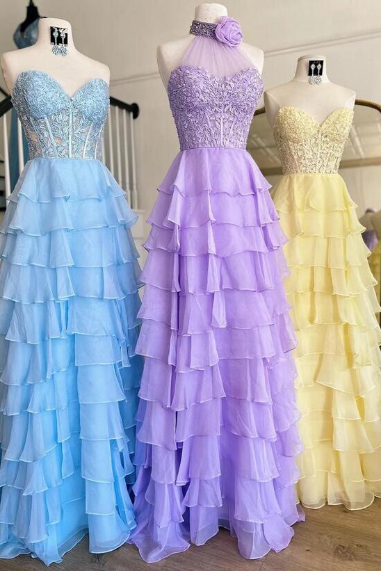 Princess Chiffon Long Prom Dresses with Lace Bodice and Ruffle Skirt GP524
