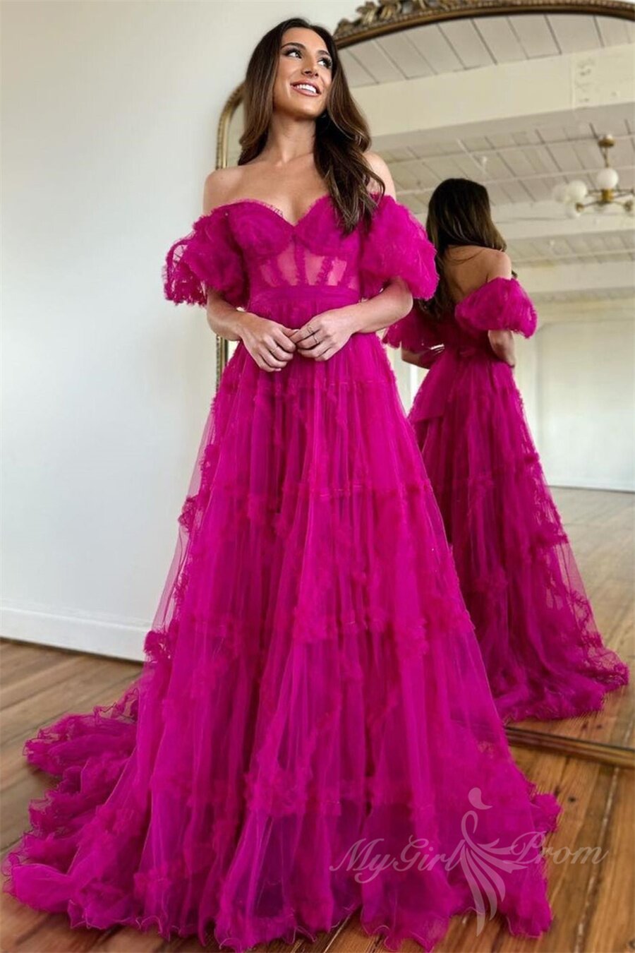 Princess Pink Sheer Tulle Long Prom Dress with Ruffles, Off-Shoulder Puff Sleeves Formal Gown GP487