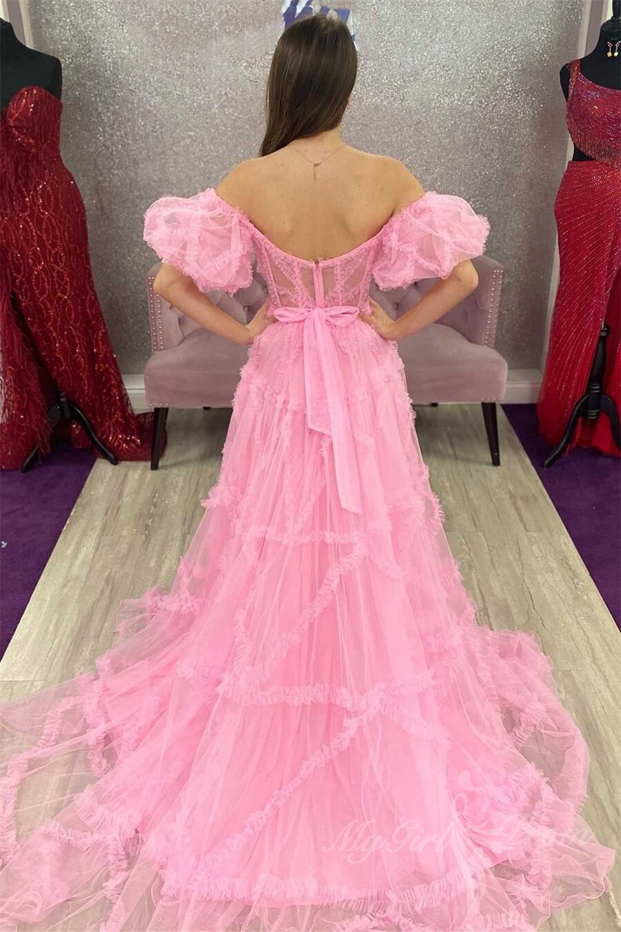 Princess Pink Sheer Tulle Long Prom Dress with Ruffles, Off-Shoulder Puff Sleeves Formal Gown GP487
