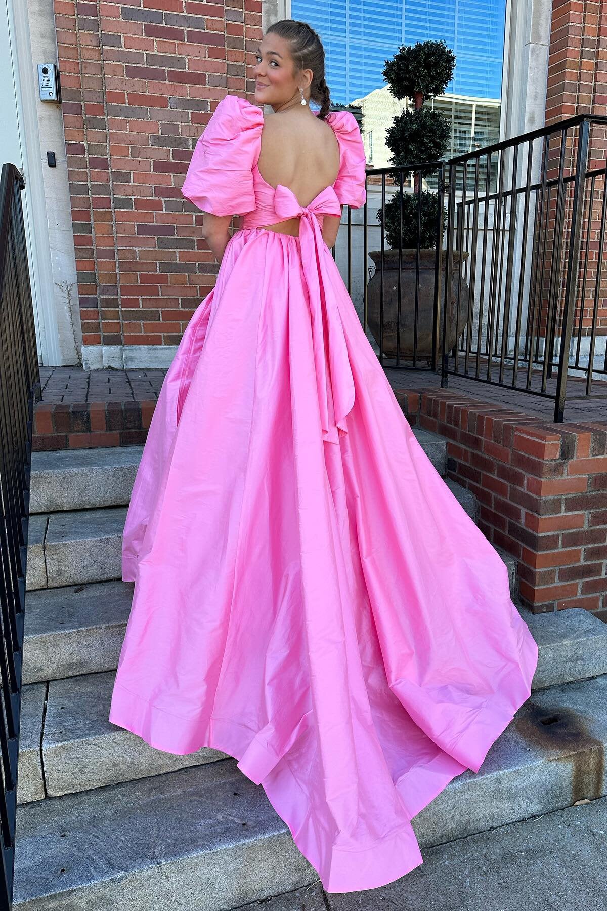 Princess Puff Sleeves Green Long Prom Dress with Tie Bow Back GP647