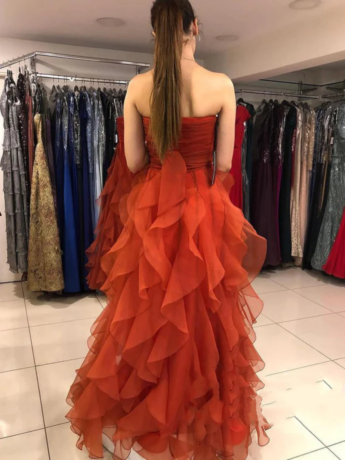 Vestidos de fiesta largos sin tirantes en color naranja quemado, vestidos de noche formales