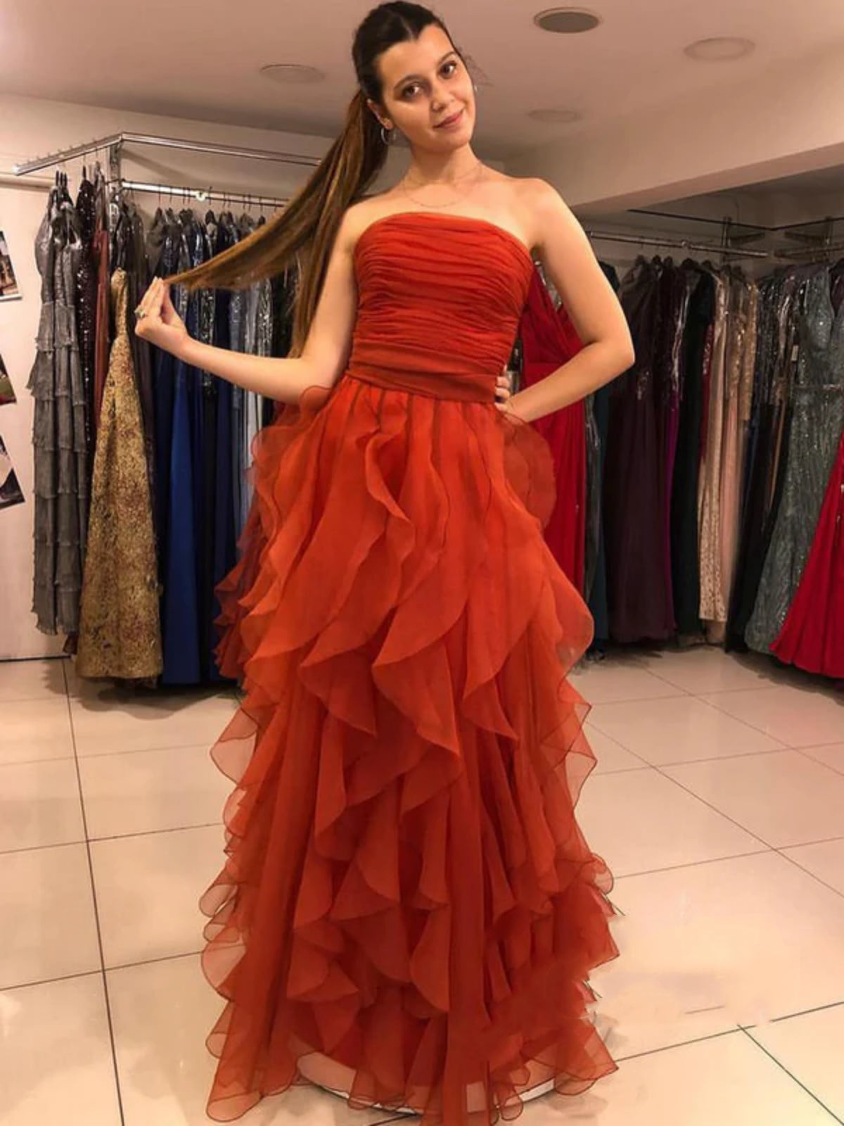 Vestidos de fiesta largos sin tirantes en color naranja quemado, vestidos de noche formales