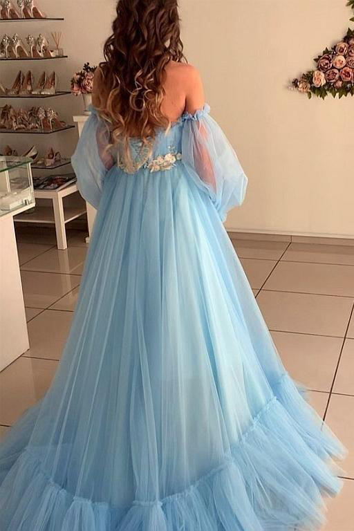 Princess Tulle Off-the-shoulder Long Sleeve Prom Wedding Dresses With Appliques PW460