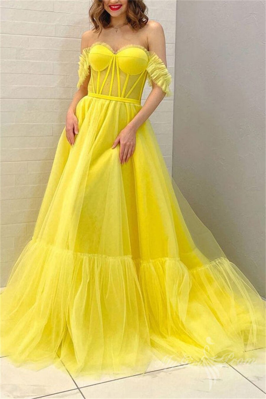 Princess Yellow Off The Shoulder Tulle Long Prom Dress Evening Dress GP494