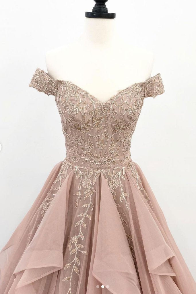 Princess Off Shoulder Tulle Appliques Long Formal Prom Dress MP702