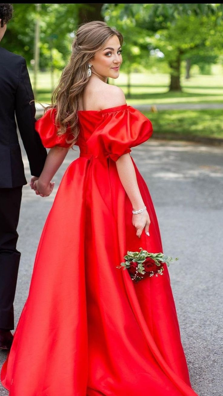 Vestido de fiesta de satén rojo con mangas abullonadas y corte A, vestido de noche formal