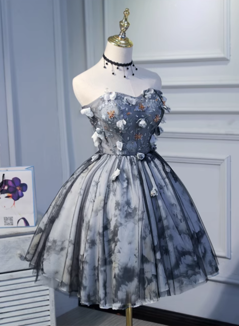 Elegant Gray 3D Flowers Design A-line Mesh Strapless Short Homecoming Dress TP3459