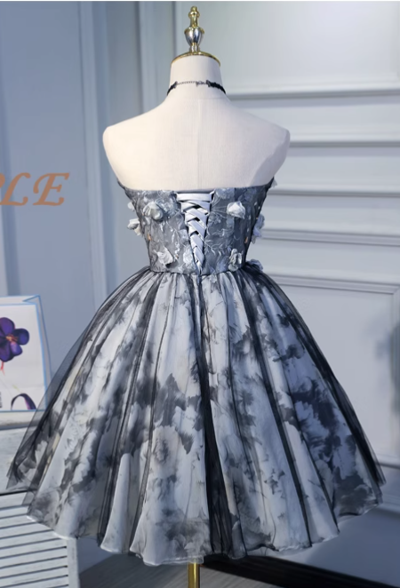 Elegant Gray 3D Flowers Design A-line Mesh Strapless Short Homecoming Dress TP3459