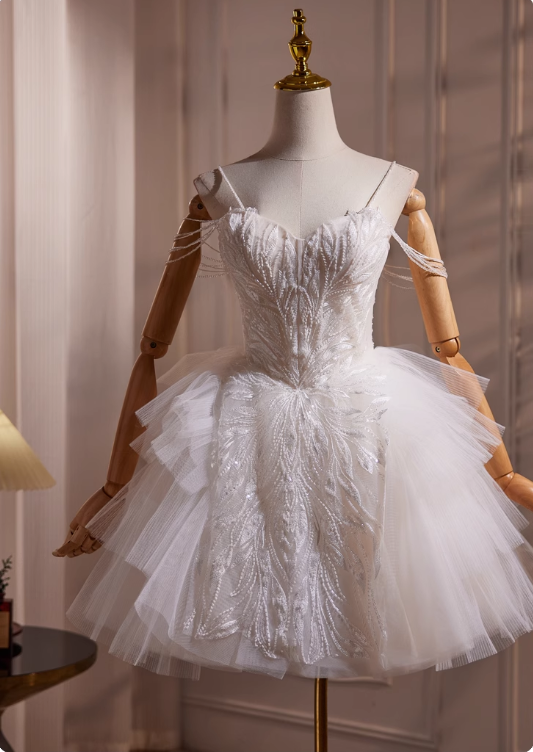 Elegant White Beaded Design Party Dress A-line Spaghetti Strap Short Homecoming Dress TP3462