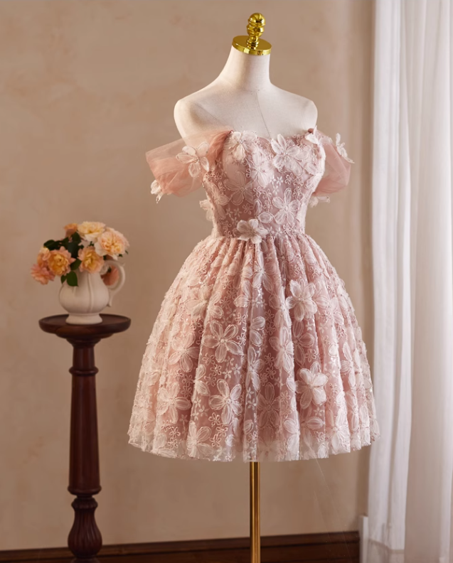Elegant Pink 3D Flowers Beaded Design Off-the-shoulder Short Homecoming Dress TP3466