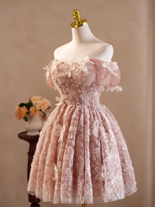Elegant Pink 3D Flowers Beaded Design Off-the-shoulder Short Homecoming Dress TP3466