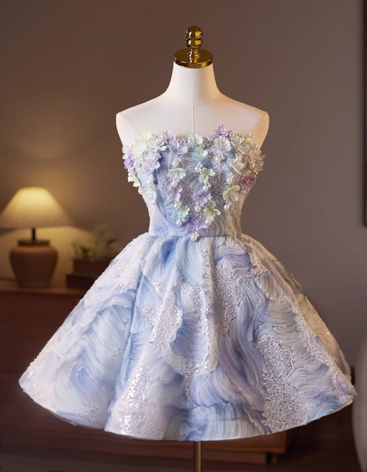 Elegant Light Blue 3D Flowers Design Sleeveless Strapless Puffy Homecoming Dress TP3469