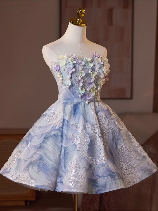 Elegant Light Blue 3D Flowers Design Sleeveless Strapless Puffy Homecoming Dress TP3469