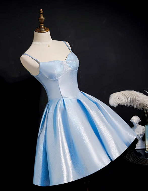 Elegant Light Blue Glittering Satin Design Spaghetti Strap Homecoming Dress TP3470