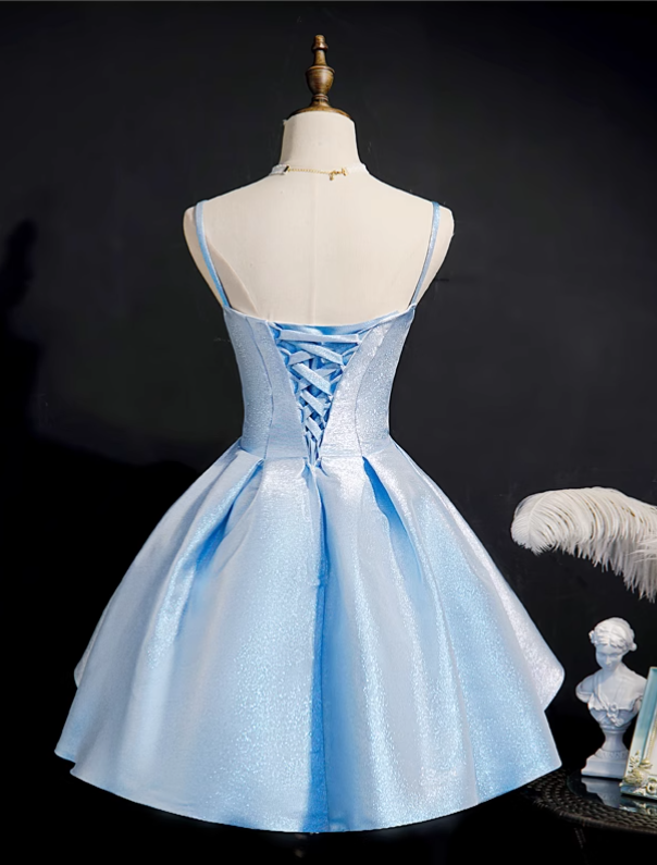 Elegant Light Blue Glittering Satin Design Spaghetti Strap Homecoming Dress TP3470