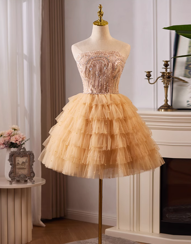 Charming Champagne Sequined Design Sleeveless Strapless Homecoming Dress TP3472