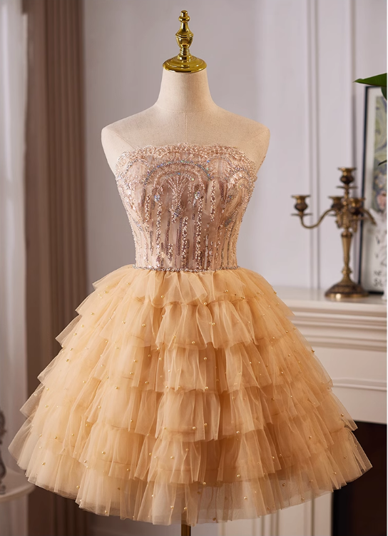 Charming Champagne Sequined Design Sleeveless Strapless Homecoming Dress TP3472