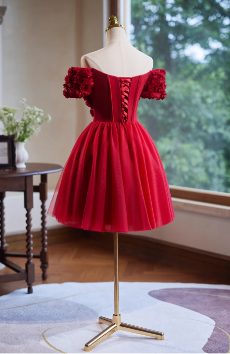 Charming Red 3D Flowers Design Mesh Off-the-shoulder Strapless Homecoming Dress TP3476
