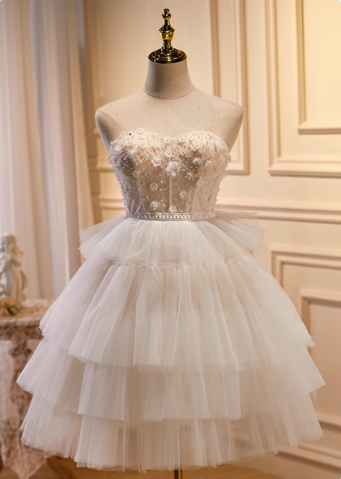 Vintage Beige 3D Flowers Beaded Design Elegant Mesh Sleeveless Strapless Homecoming Dress TP3481
