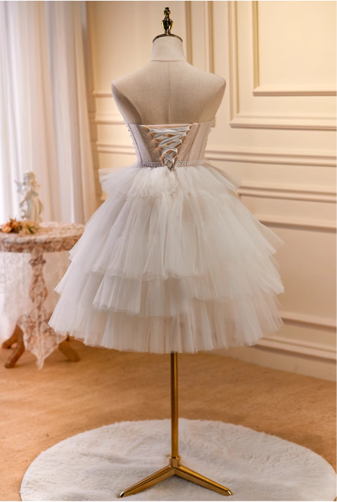 Vintage Beige 3D Flowers Beaded Design Elegant Mesh Sleeveless Strapless Homecoming Dress TP3481