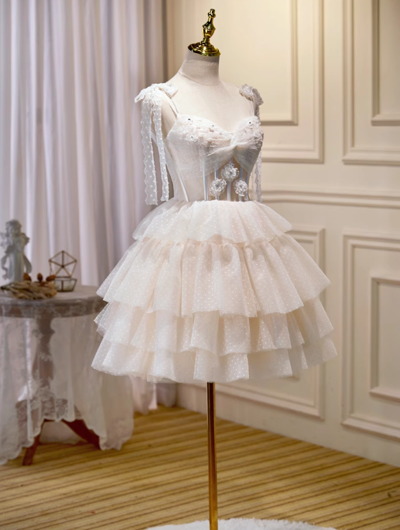 Vestido de fiesta elegante de malla, sin mangas y sin tirantes, con diseño de cinta de encaje beige, TP3483